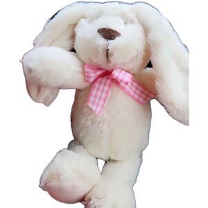 Floppy Ear Bunny Rabbit 10" Plush Stuffed BUNNY Ivory Cream Pink Checked Bow
